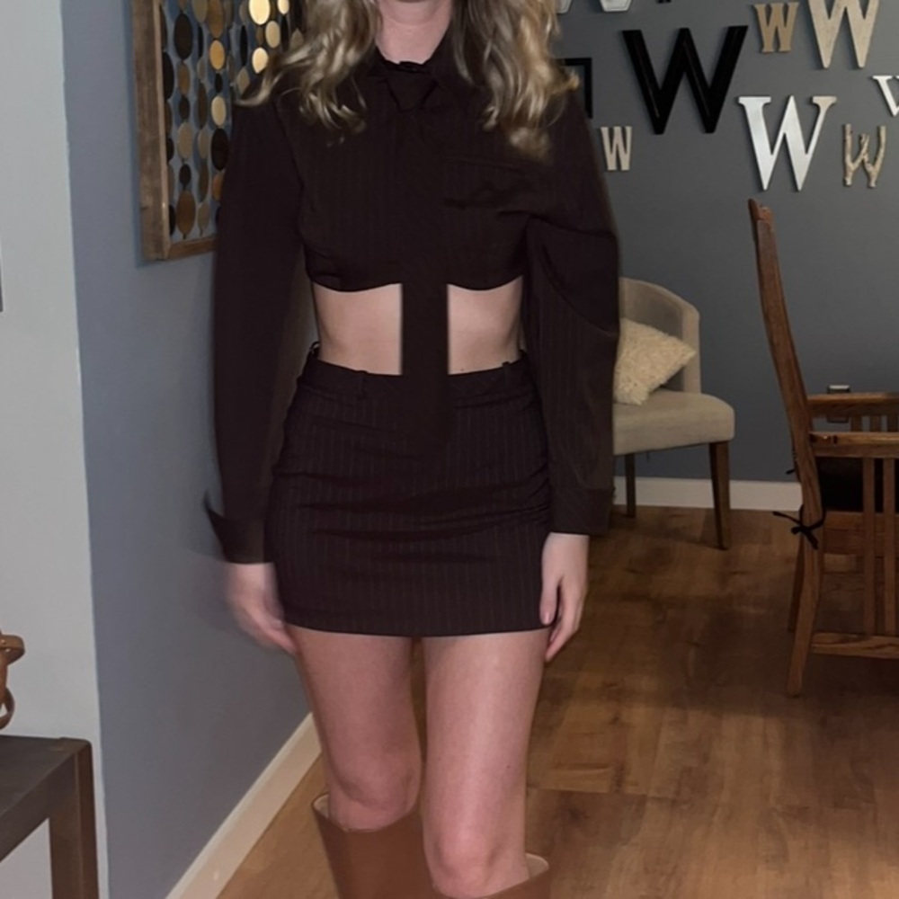 Zara Brown Pinstripe Mini Skirt Set w/ Necktie